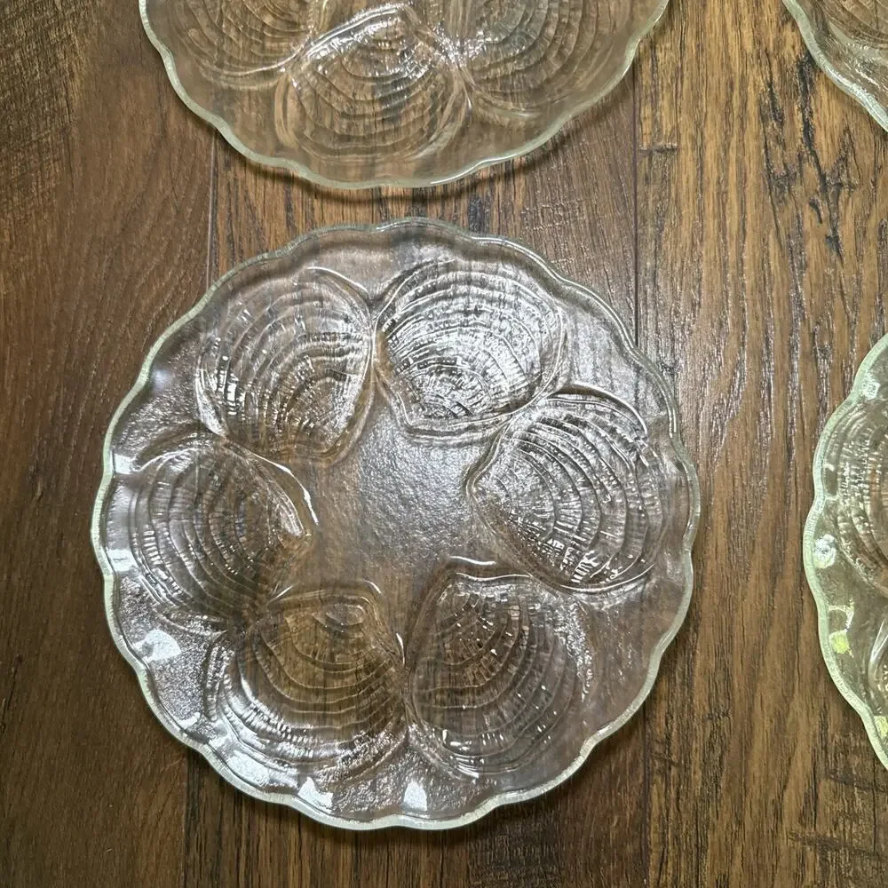 Toscany Clear Glass Oyster Decorative Plate 8” Half Dozen Oyster Motif Set 4 Vtg